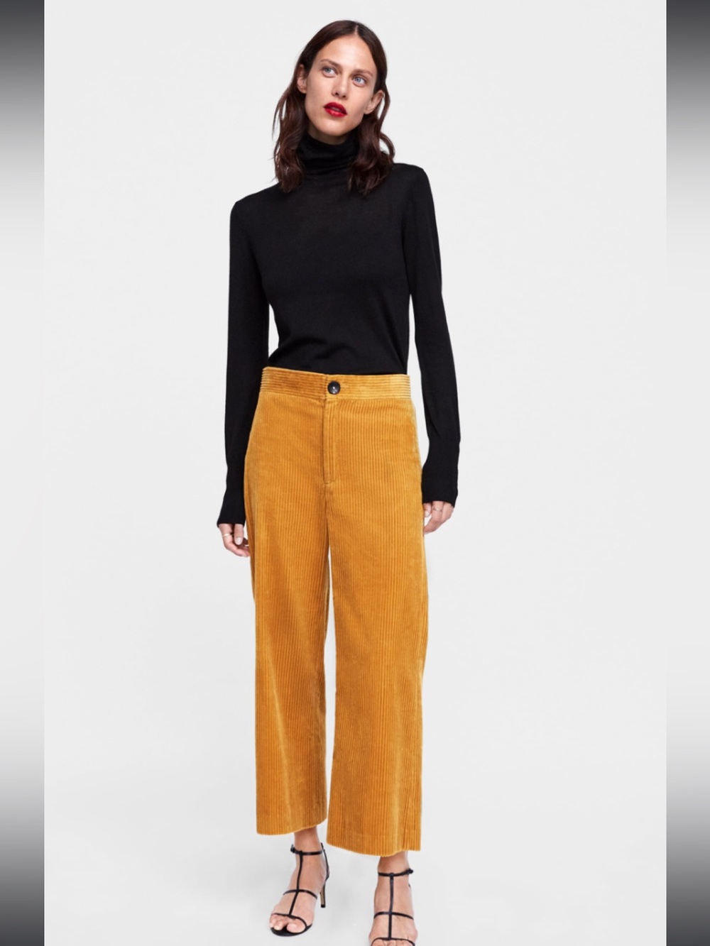 Zara Woman Mustard Corduroy Wide Leg Cropped Pants M 70s Retro Boho Art Teacher